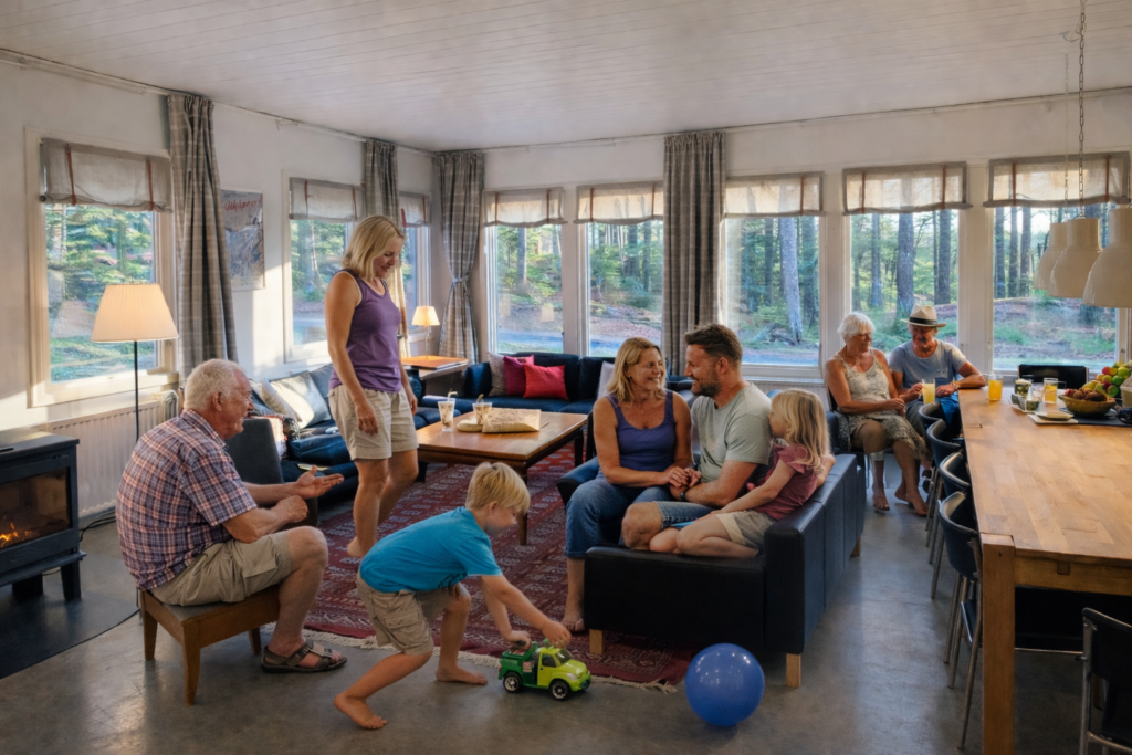 Tre generationer nyder at være sammen i stuen på Boafall Lodge