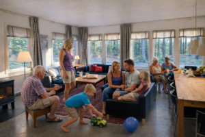 Tre generationer nyder at være sammen i stuen på Boafall Lodge
